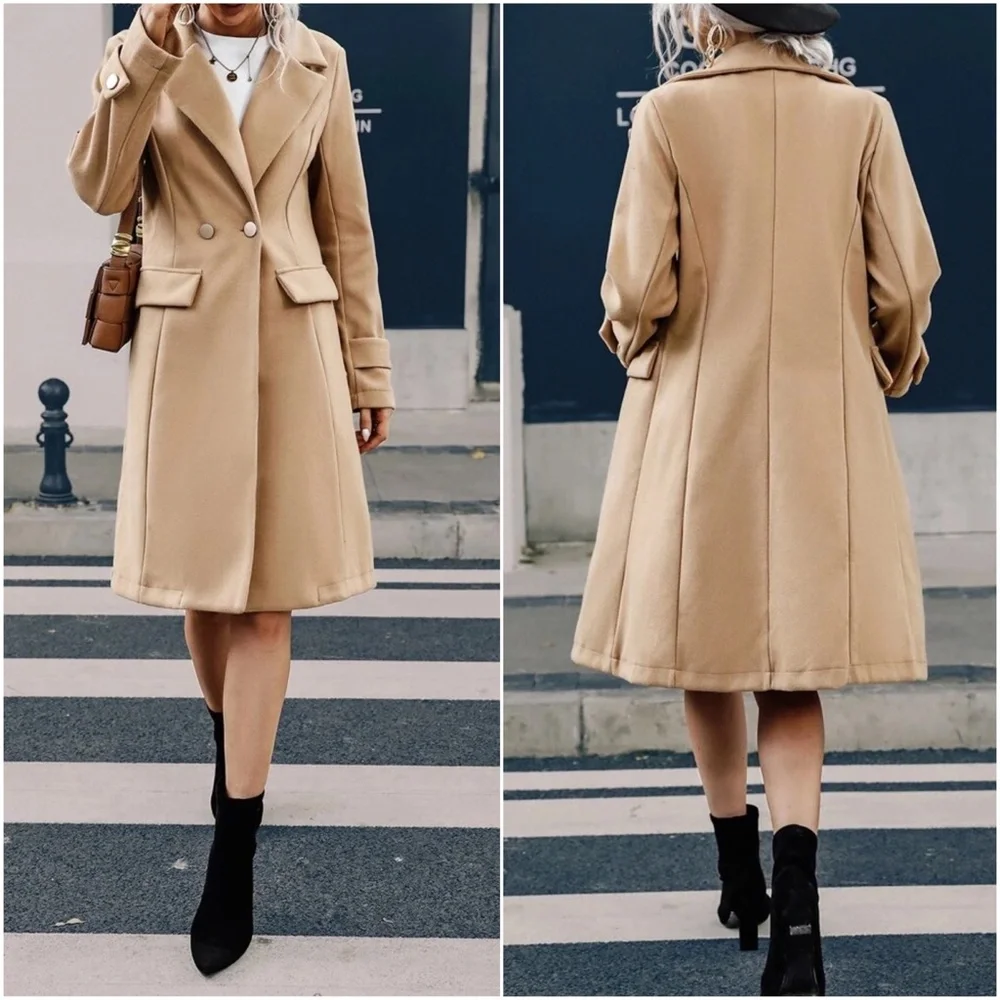 Cozy tan Button up Trench Jacket Coat - Picture 3 of 3
